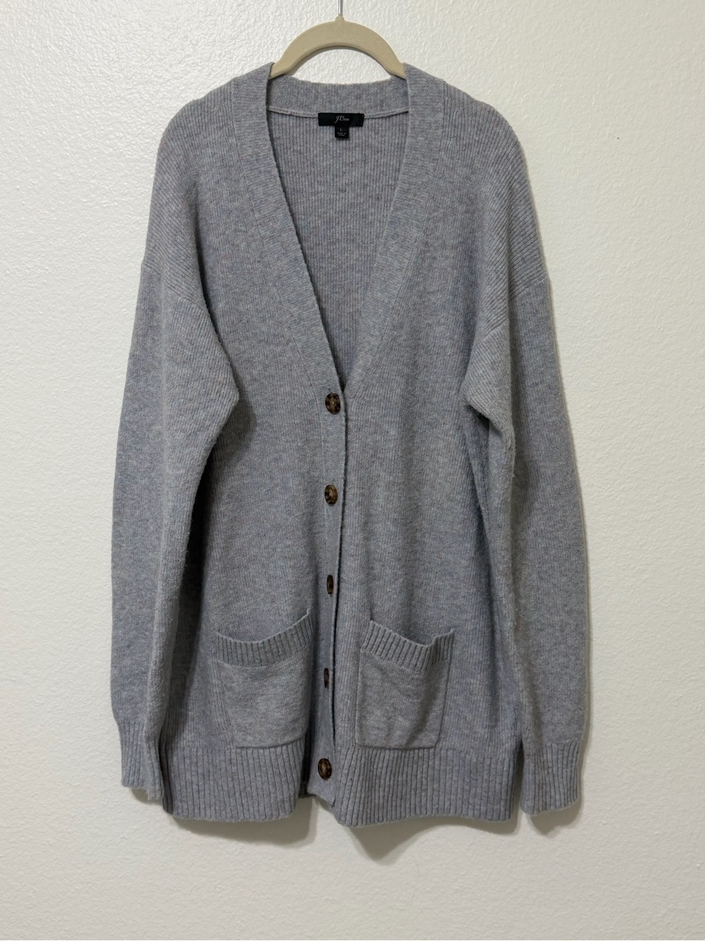 J. Crew Long Cardigan Sweater Women’s Large Blue Gray Wool Alpaca Preppy Grandpa